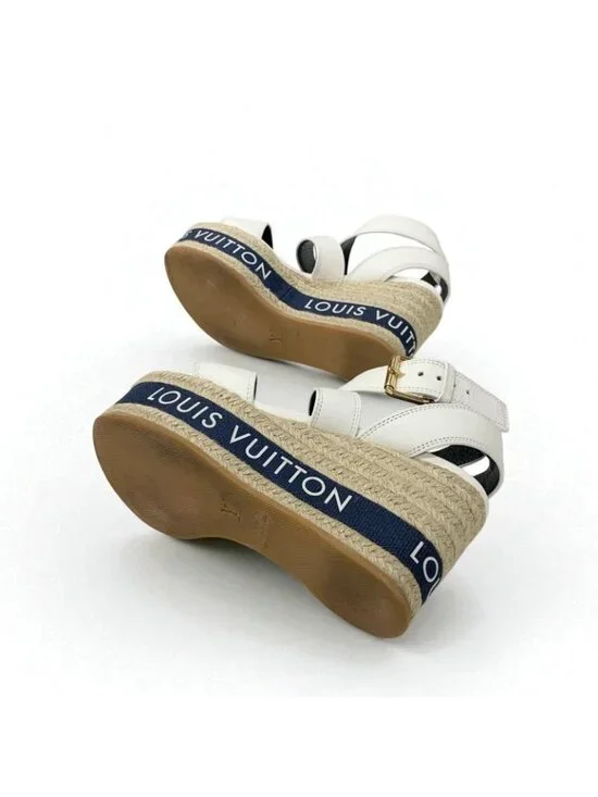 Louis Vuitton Boundary Line Sandals Shoes Leather White Navy Logo Wedge Sole - Picture 7 of 10